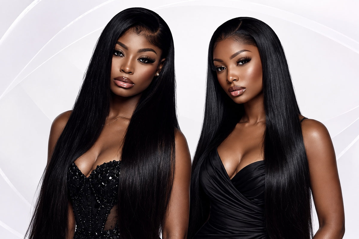 247 LUXE LAB campaign models in black dresses with sleek black hair