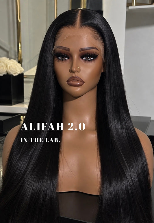 ALIFAH 2.0 jet black straight HD lace wig on mannequin, with In the Lab title overlay